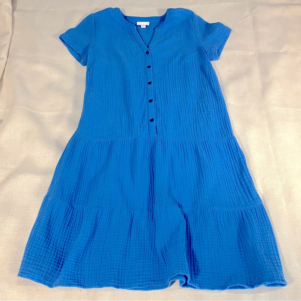 J. Jill Dress Women’s XS Blue Cotton Gauzy Tiered Short Sleeve Buttons Beach